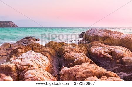 The Beauty Of The Rocks Along The Coast With Emerald Green Water And Clear Sky.koh Lan Island,chonbu