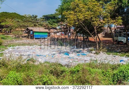 Bago, Myanmar - December 10, 2016: Plastic Waste Dump In Bago Town.