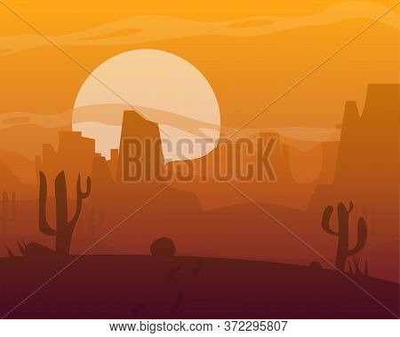 Sunset Comes In A Hot Desrt With Cacti And Small Stones