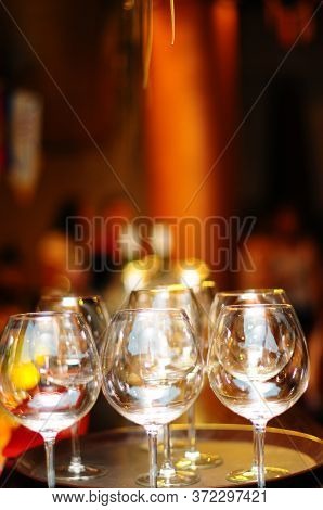 Empty Wine Glasses And Tray Close Up