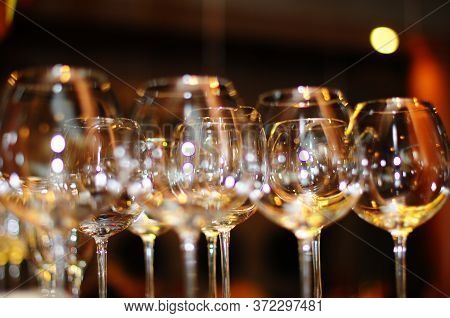 Empty Wine Glasses And Tray Close Up