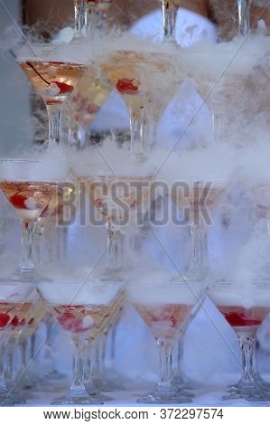 Pyramid From Glasses Of Champagne On Wedding Party