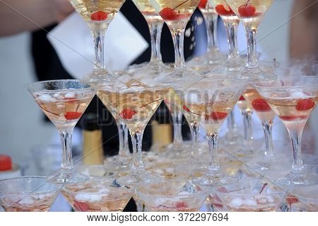 Pyramid From Glasses Of Champagne On Wedding Party