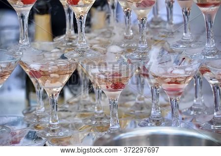 Pyramid Of Glasses With A Champagne Close Up.