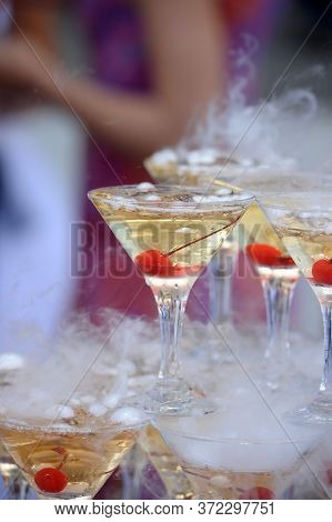 Pyramid From Glasses Of Champagne On Wedding Party