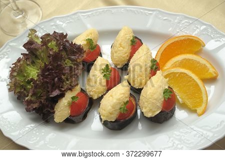 Aubergine Appetizer With Tomato Sauce Close Up