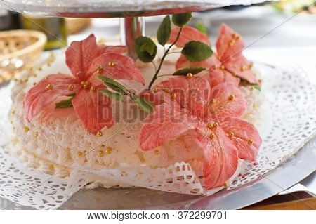 Confectionery Flowers On A Wedding Cake Close Up