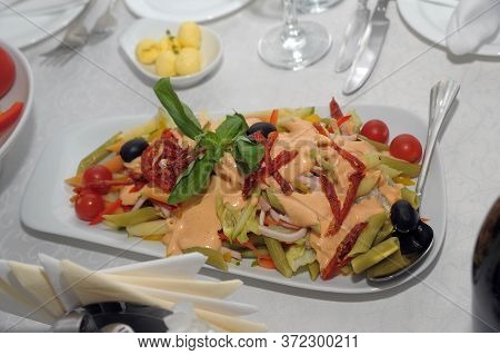 Healthy Homemade Pasta Salad With Tomatoes Onions And Broccoli