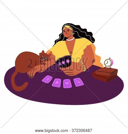 Cartoon Pretty Fortuneteller Predicts The Future, A Brown Cat Lies Near And Cards Are Laid Out On A 
