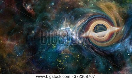 Simulation Of A Big Black Hole In The Dark Space. Elements Of This Image Furnished By Nasa.