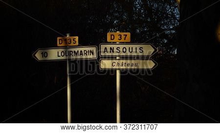 Direction Signs In Provence France,ansouis, Lourmarin ,trafic Signs