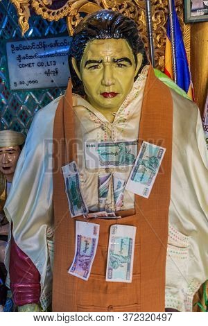 Mt Popa, Myanmar - December 8, 2016: Banknotes Donated To Mt Popa Temple, Myanmar