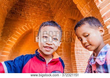 Bagan, Myanmar - December 9, 2016: Local Boys At The Temple No 860 In Bagan, Myanmar