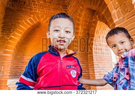 Bagan, Myanmar - December 9, 2016: Local Boys At The Temple No 860 In Bagan, Myanmar