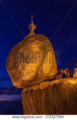 Mt Kyaiktiyo, Myanmar - December 11, 2016: Pilgrims Visit Mt Kyaiktiyo Golden Rock , Myanmar