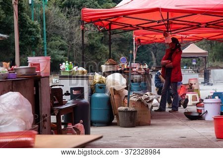 February 2019. Street Food Vendors At The Foot Of Baoxiang Temple Is Also Called Shibao Temple, Whic