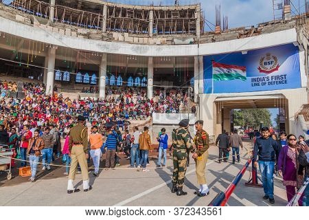 Wagah, India - January 26, 2017: People Wait For The Military Ceremony At India-pakistan Border In W