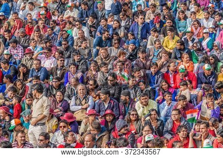 Wagah, India - January 26, 2017: Indian Spectators Watch The Military Ceremony At India-pakistan Bor