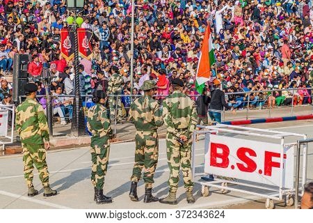 Wagah, India - January 26, 2017: Border Guards At The Military Ceremony At India-pakistan Border In 