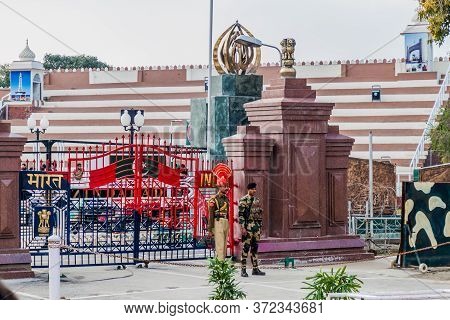Wagah, India - January 26, 2017: Soldiers Guarding At India-pakistan Border In Wagah In Punjab, Indi