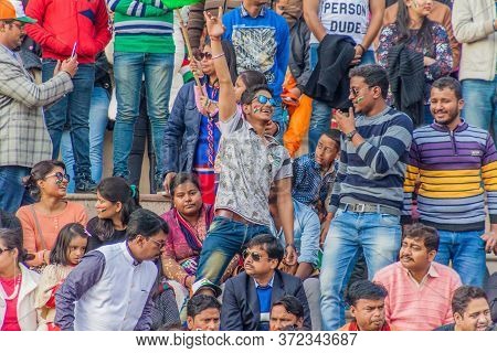 Wagah, India - January 26, 2017: Spectators Enjoy The Military Ceremony At India-pakistan Border In 