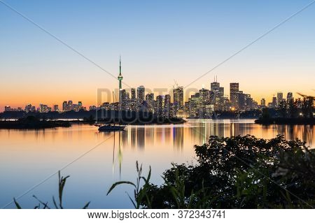 Toronto Dusk Night Skyline View From Tommy Thompson Park
