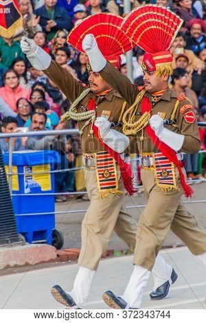 Wagah, India - January 26, 2017: Border Guards At The Military Ceremony At India-pakistan Border In 