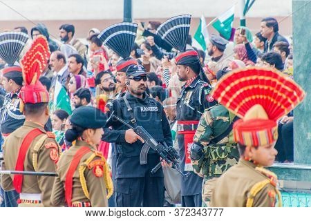 Wagah, India - January 26, 2017: Border Guards At The Military Ceremony At India-pakistan Border In 
