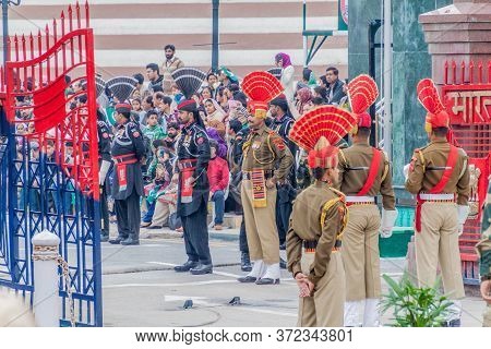 Wagah, India - January 26, 2017: Border Guards At The Military Ceremony At India-pakistan Border In 