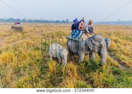 Kaziranga, India - January 30, 2017: Tourists During The Elephant Safari In Kaziranga National Park,