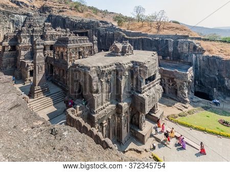 Ellora, India - February 7, 2017: Kailasa Temple In Ellora, Maharasthra State, India
