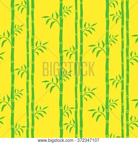 Bamboo Trees Seamless Pattern. Leaf Floral Background Bamboo Stalks. Cartoon Graphics Green And Yell