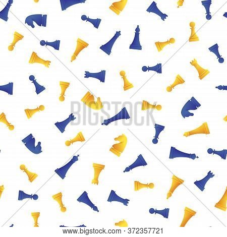 Chess Game Seamless Pattern In Cartoon Style. Various Yellow And Blue Chess Figures On White Backgro