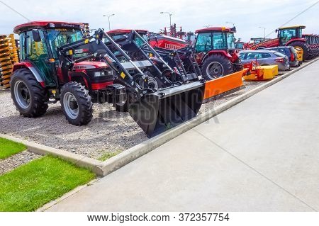 Kyiv, Ukraine - June 16, 2020: Mahindra Agricultural Heavy Machinery Equipment Parked On The Street 