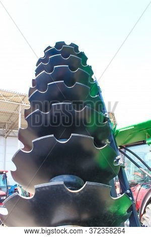 Kyiv, Ukraine - June 16, 2020: Large Disc Plough Martlet, Towing For Tractors To Plow Fields, Agains