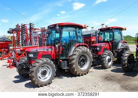 Kyiv, Ukraine - June 16, 2020: Mahindra Agricultural Heavy Machinery Equipment Parked On The Street 
