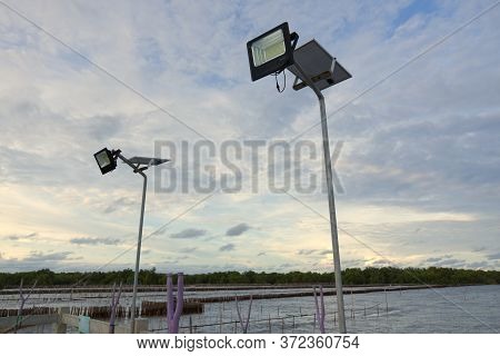 Led Solarcell Pole With A Background Of Sky And Coast