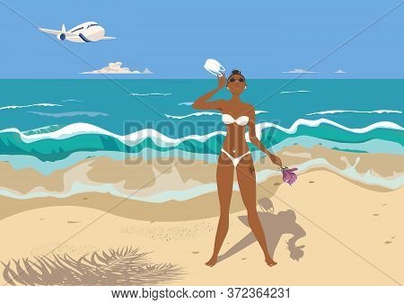 Young Beautiful Girl In A Bikini On A Tropical Beach With A Protective Mask And A Magnolia Flower. C