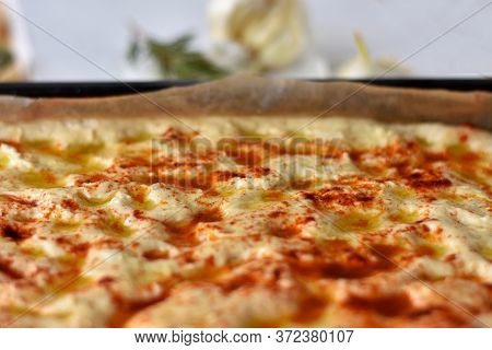 Homemade Italian Focaccia Modenese, With Rosemary And Olive Oil. Freshly Baked Flat Bread Whit Herbs