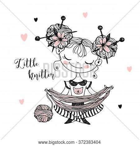 Sweet Girl Knitter Unravels The Yarn Into A Ball. Needlewoman.vector