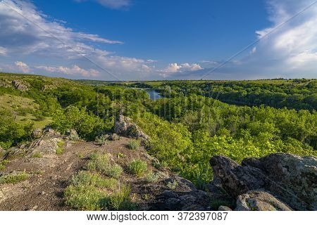 Southern Bug. Yuzhny Buh River Flow Through Green Trees. Nature Landscape