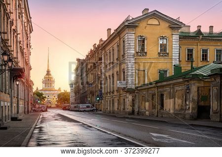 Admiralty Building In Saint Petersburg And Deserted Gorokhovaya Street In The Light Of A Summer Morn