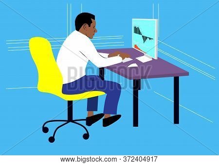 Vector Illustration. Young Black Man Using Laptop In Office. Afro-american Businessman Using Interne