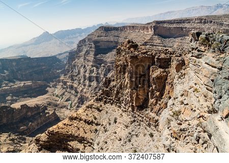Wadi Ghul Canyon In Hajar Mountains, Oman