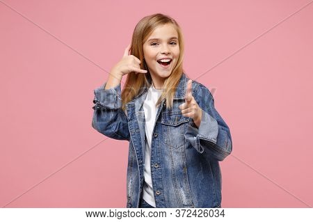 Funny Little Kid Girl 12-13 Years Old In Denim Jacket Isolated On Pink Background. Childhood Lifesty
