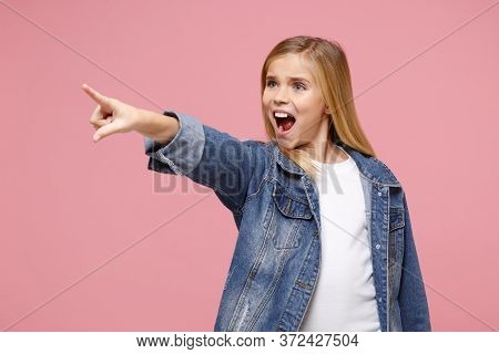 Nervous Little Kid Girl 12-13 Years Old In Denim Jacket Isolated On Pastel Pink Wall Background Chil