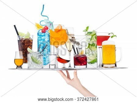 Hand Holding Tray With Various Cocktails Isolated On White Background.blue Lagoon, Martini, Negroni,