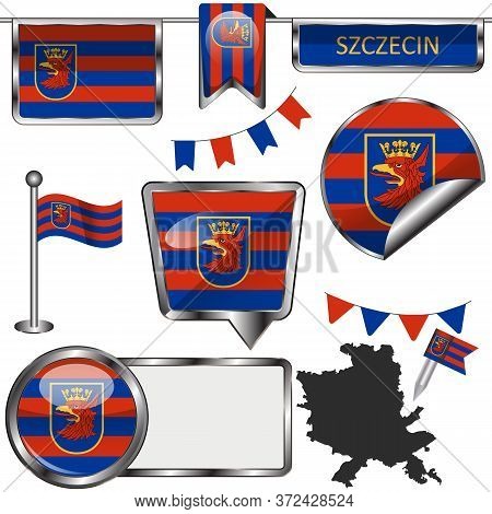 Vector Glossy Icons Of Flag Of Szczecin, Poland On White