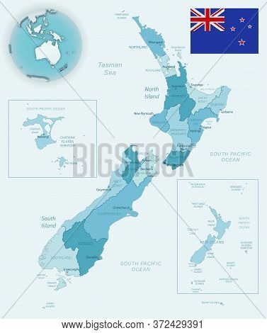 Blue-green Detailed Map Of New Zealand Administrative Divisions With Country Flag And Location On Th