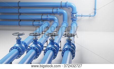 Blue Industrial Pipelines With Valves On White Background. Digital 3d Render Image.